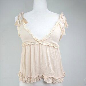 Women's Oatmeal Beige Ruffle Strappy Fringe Crop Cami Tie Shoulder Boho Top